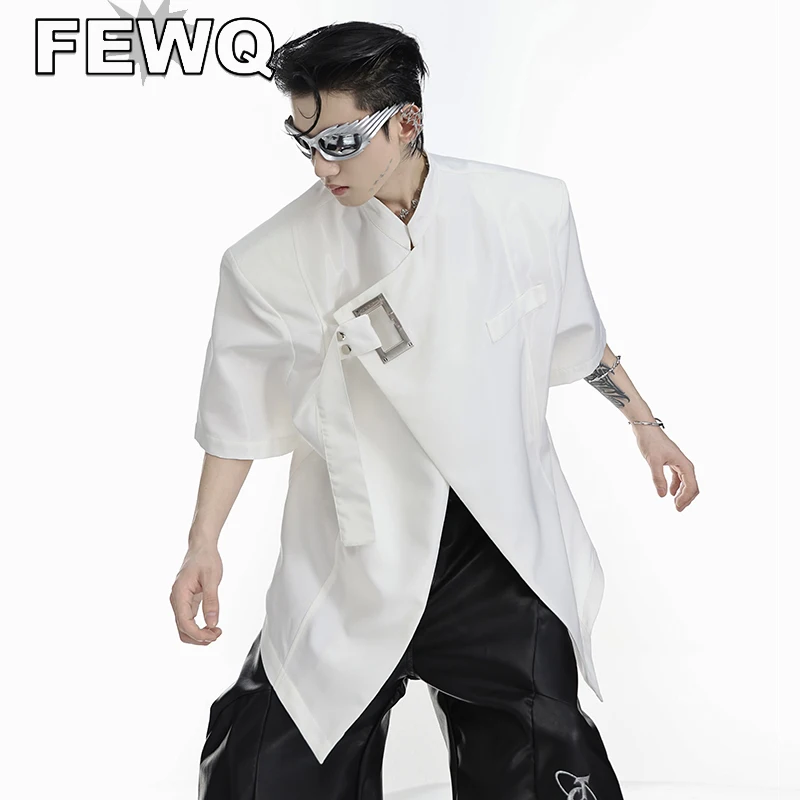 

FEWQ Men's Hollow Out Ribbon Shirts Niche Deconstruction Metal Shoulder Pad Short Sleeve Tops High Street Chinese Stylish 9C764