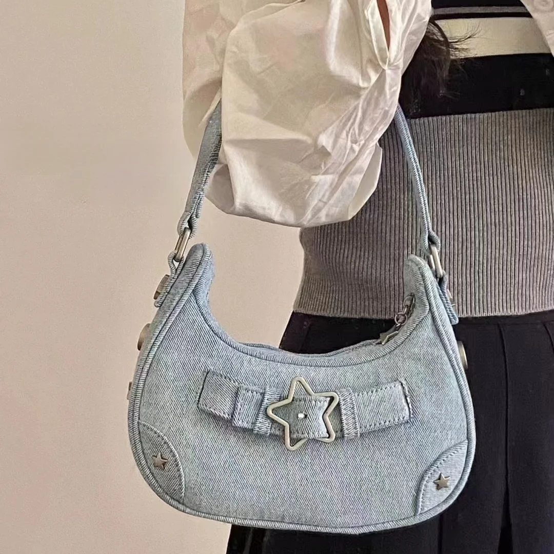 

Крутая женская сумка Y2k со звездами под подмышками, Ретро джинсовая ткань, женские маленькие сумки на плечо, винтажная женская сумка с заклепками, сумки-хобо