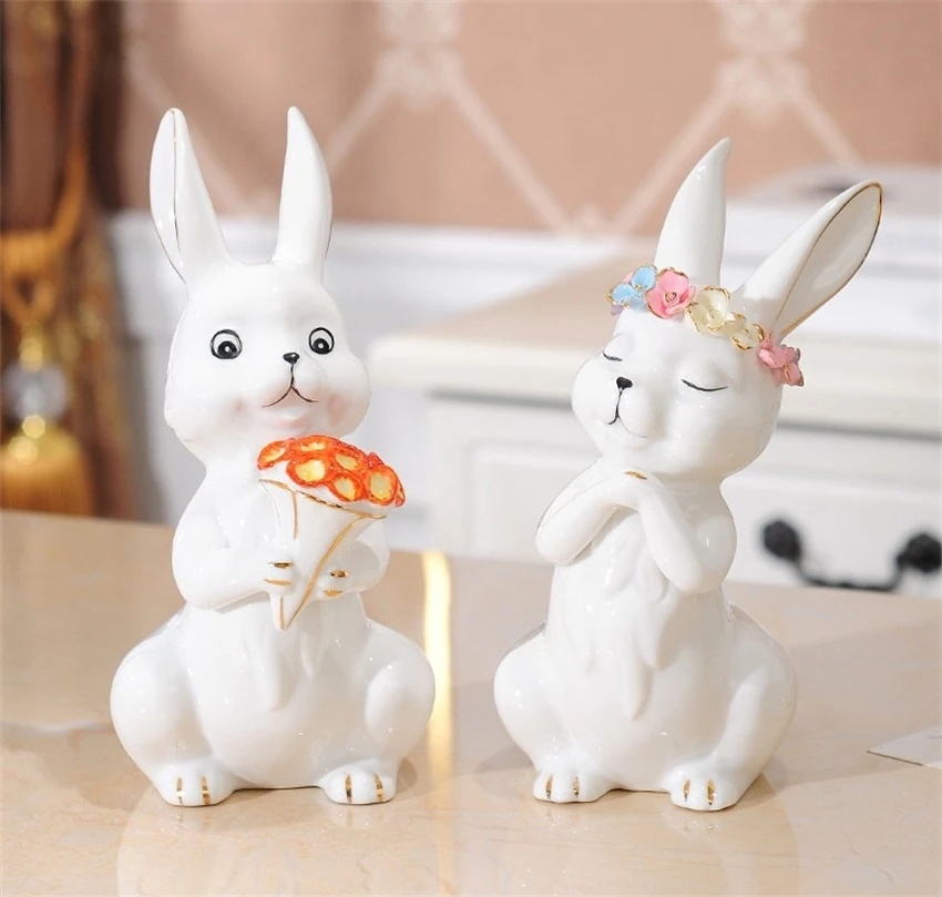 Lampa porcelanowa para króliczek statua rustykalna ceramika kwiat królik rzeźba propozycja małżeństwa ozdoba data prezent wystrój domu