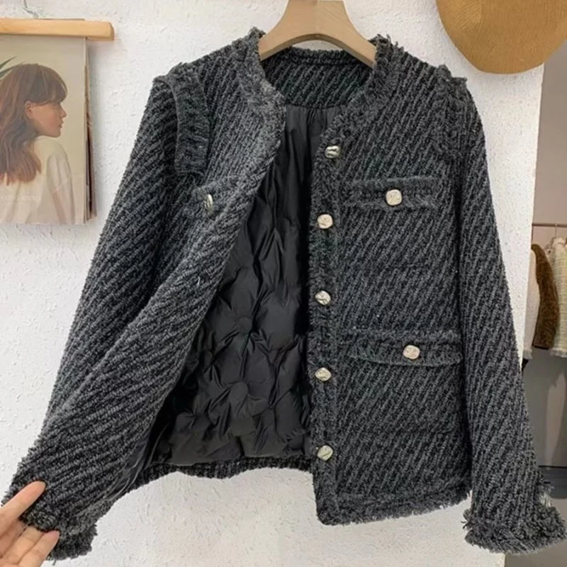 

Women Winter Vintage Tweed Cropped Jacket Puffer Bomber Basic Jacket Female Coat Loose Parka Feminina Plus Size 4XL Outerwear