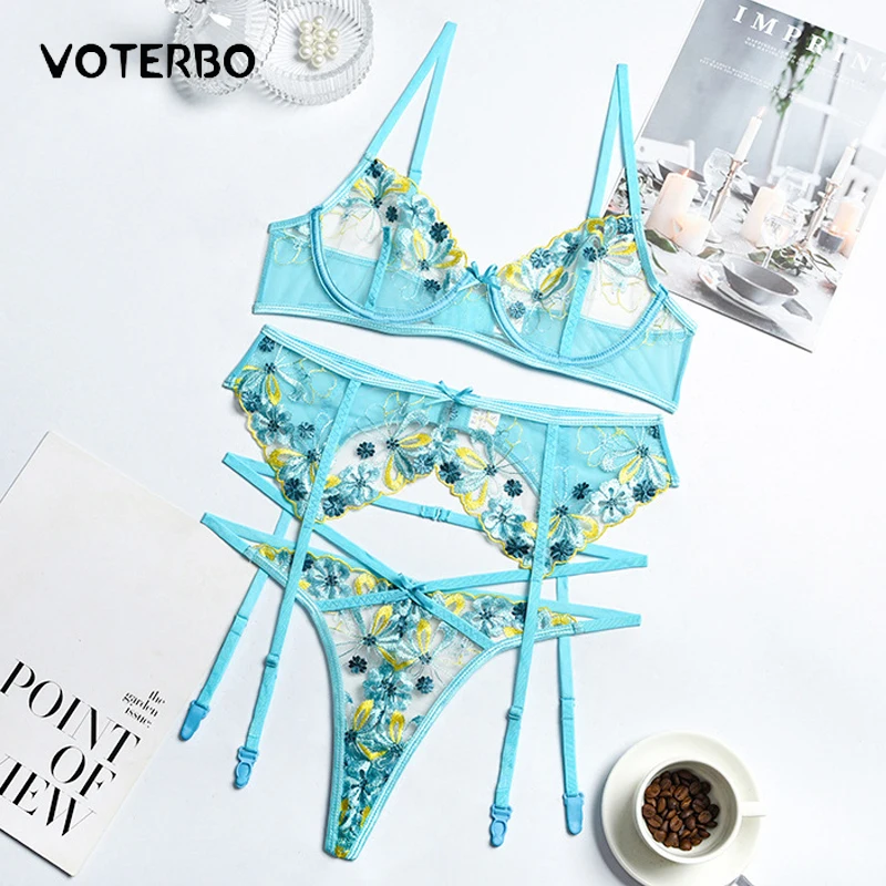 

Transparente Sexy Women's Underwear Set 3 Piece Bra Thongs Garters Floral Embroidery Sensual Lingerie Blue Lace Exotic Sets