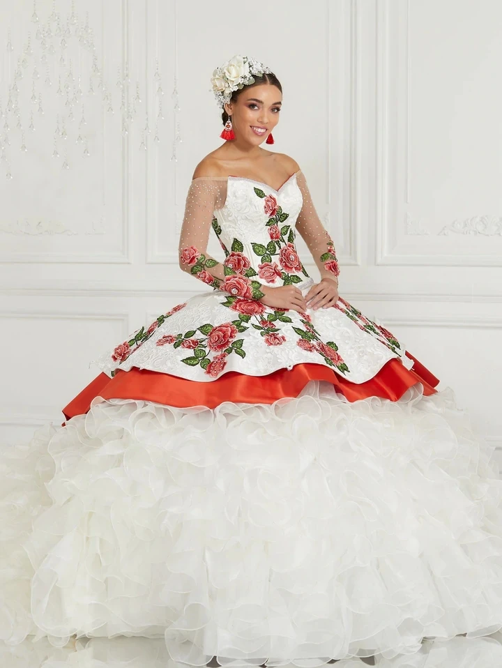 

Charro Quinceanera Dresses Ball Gown Long Sleeves Organza Appliques Beaded Mexican Sweet 16 Dresses 15 Anos