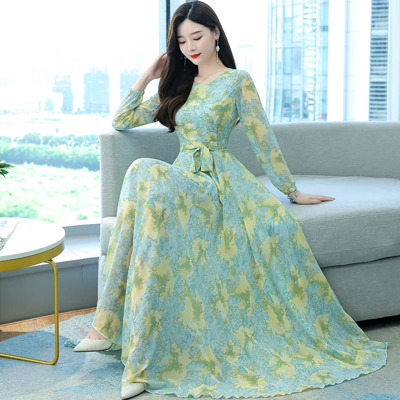 

Spot 2022 spring new Korean version of slim women's printed chiffon long skirt with big waist swing dress