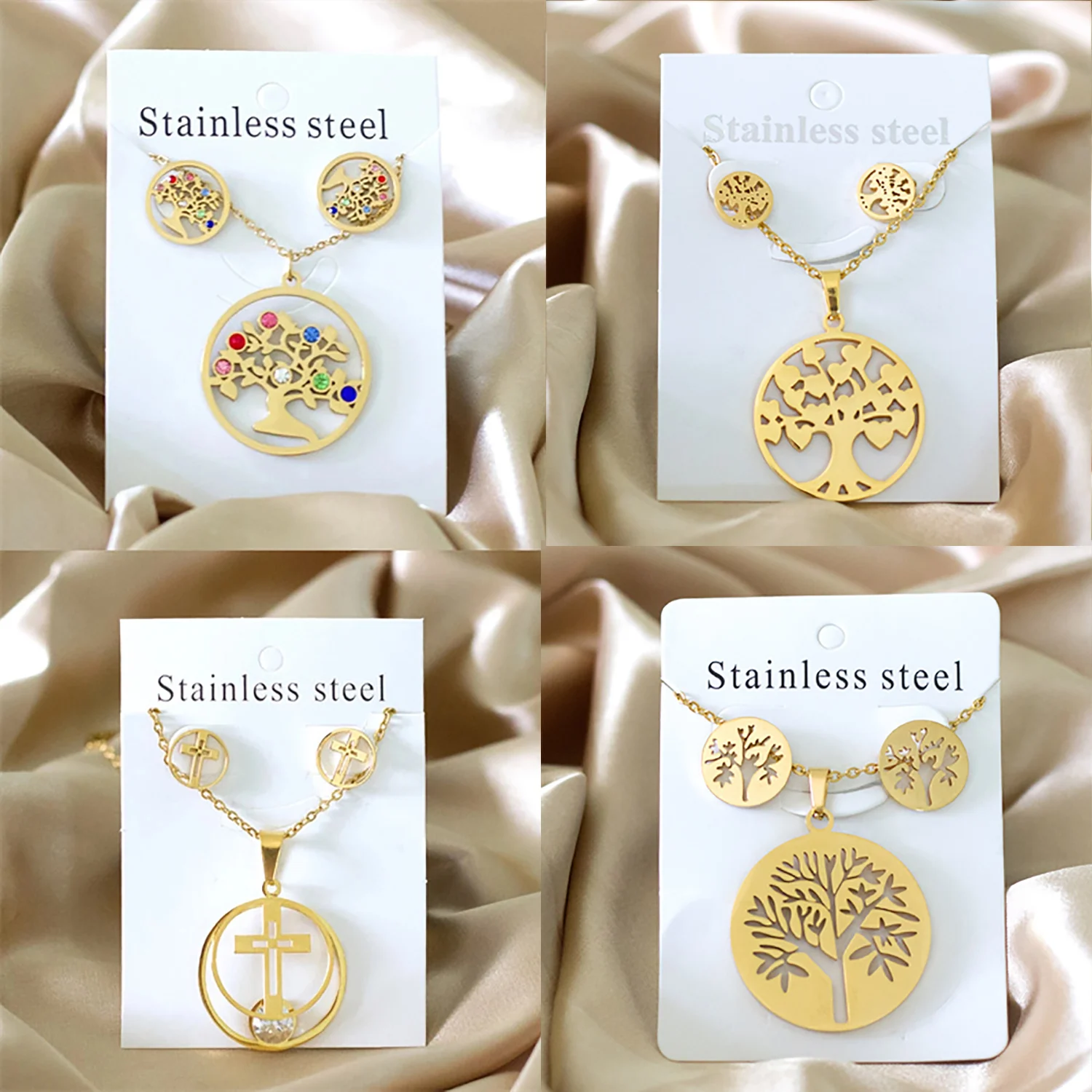 

Round Big Tree Pattern Pendant Necklace and Stud Earrings Set Stainless Steel Jewelry Set for Girl Women Party Gift