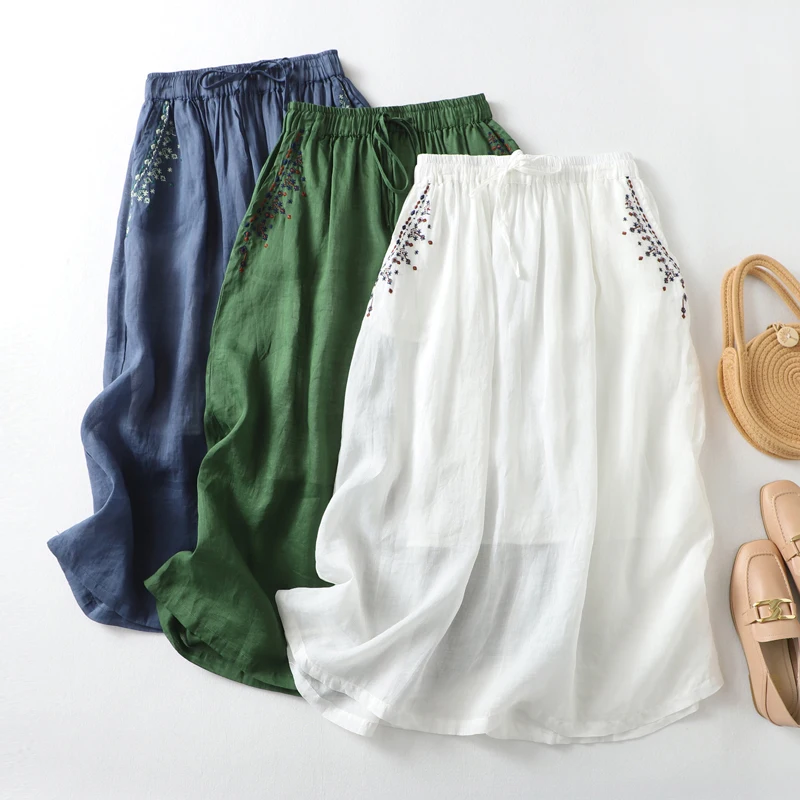 

Limiguyue Cotton Linen Skirt Women Casual Floral Embroidery High Elastic Waist Summer Mid-Calf Skirt Summer All Match U379