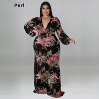 perl plus size v neck jumpsuit outfit full sleeve printed rompers overall casual loose women clothing one piece garment big size