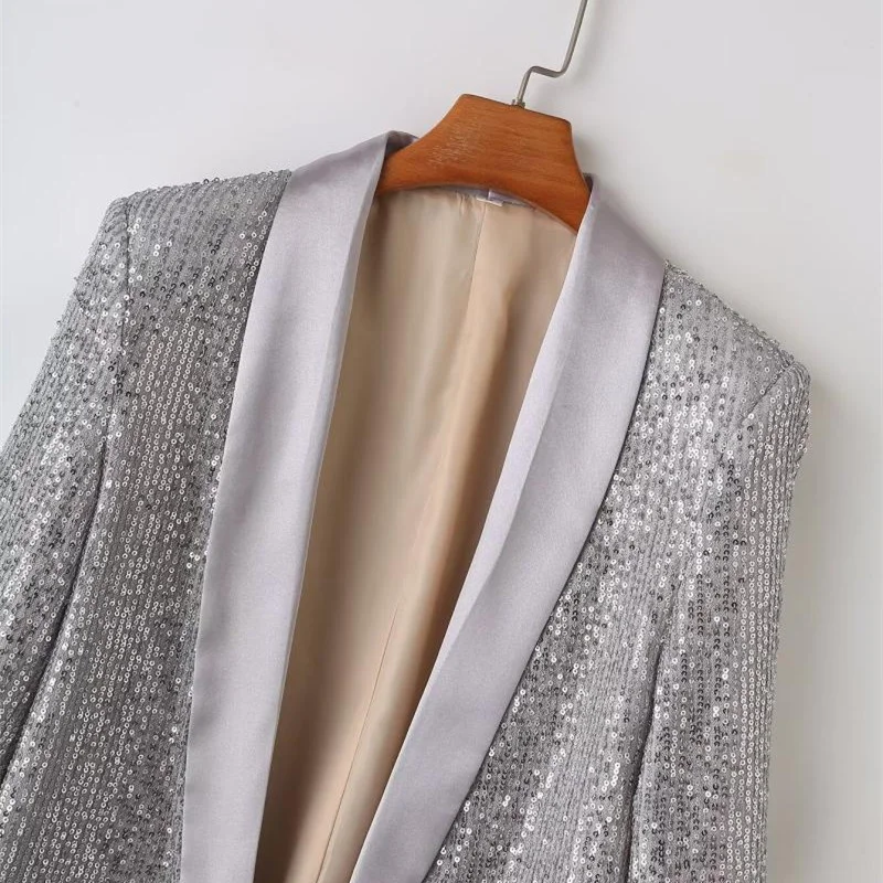 Женский пиджак с блестками розовый серебристый черный длинным рукавом и