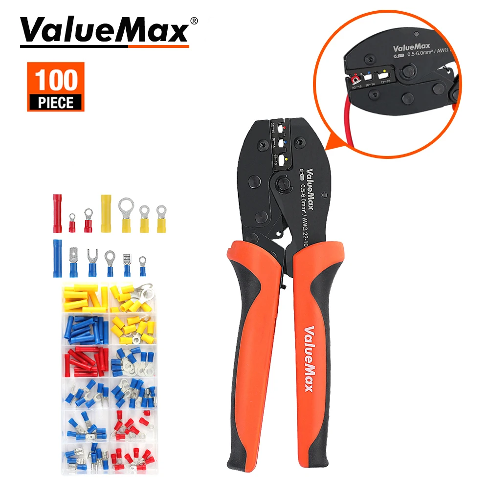 

ValueMax Crimping Tool Kit With 100PC Plug Type Wire Terminals Pliers Household (max 0.5-6.0mm²) Wiring Tool Crimping Pliers