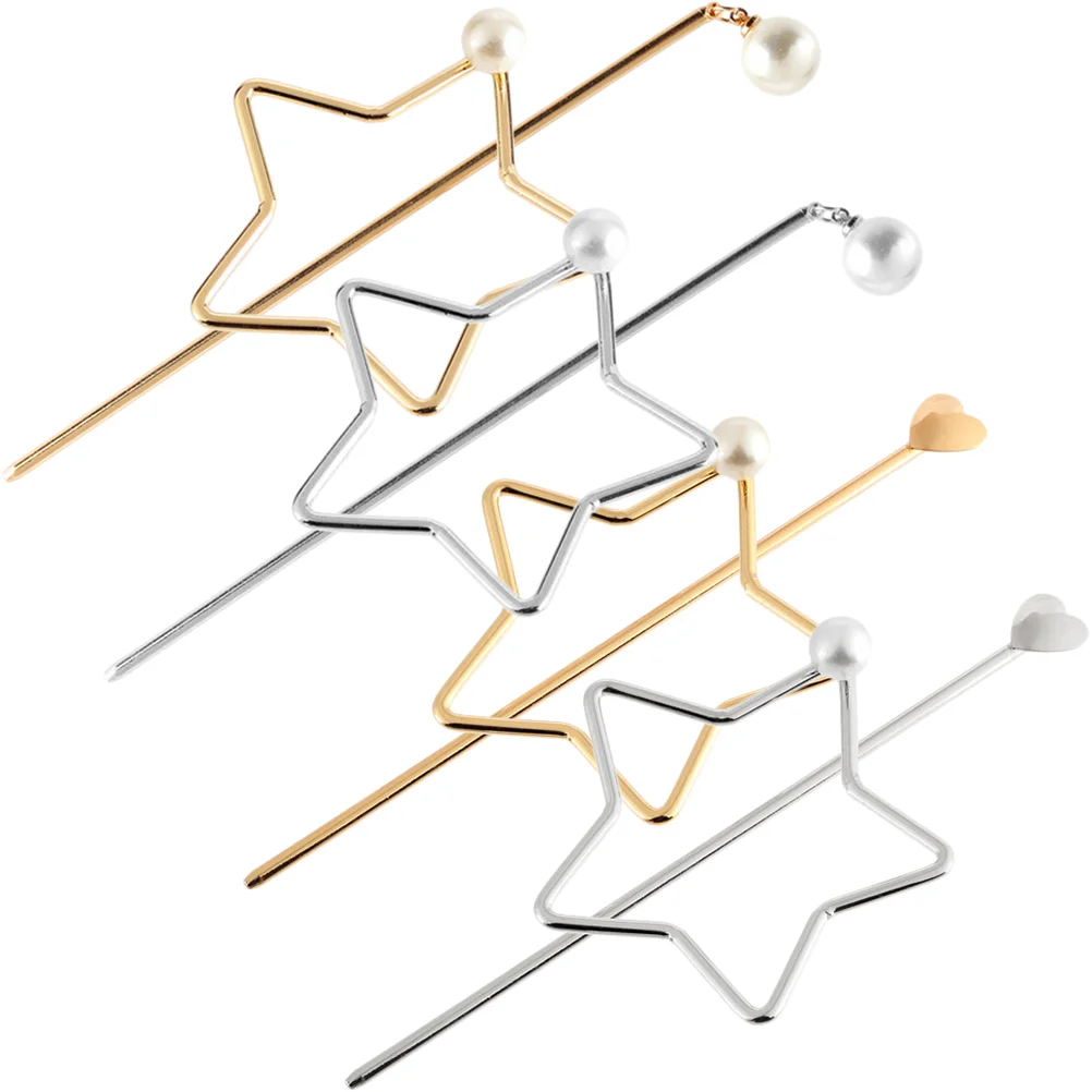 

4 Pcs Heart Hair Clip Needle Pin Vintage Stick Pearl Sticks Buns Alloy Long Chopsticks Women Miss