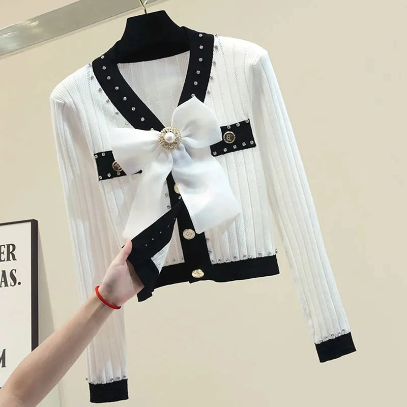 

Женский короткий кардиган с V-образным вырезом, облегающий однобортный трикотажный жакет в стиле пэчворк с бусинами, корейская мода, винтажный свитер