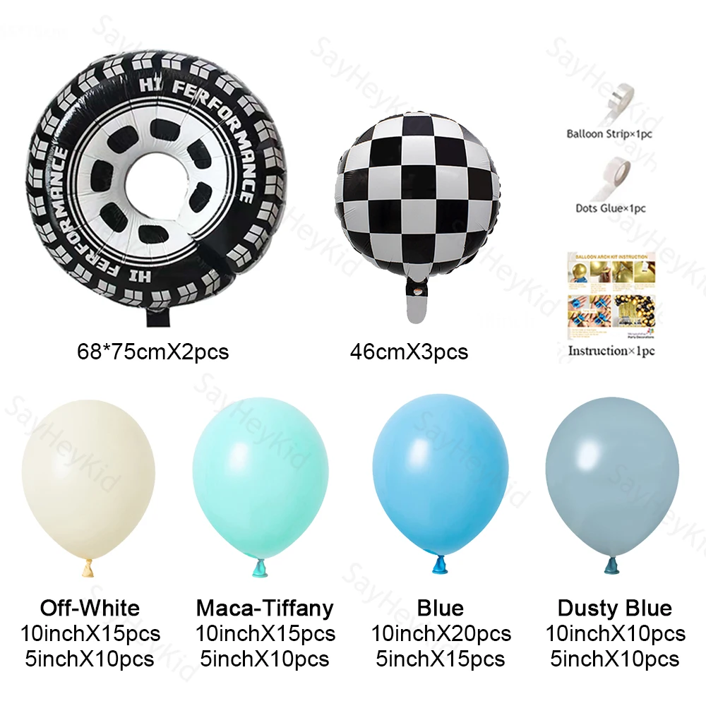 

Комплект гирлянд из воздушных шаров для гоночного автомобиля, 113 шт., пыльно-синее колесо, клетчатые фольгированные шары, арка, детский день рождения, детский душ, вечерние украшения