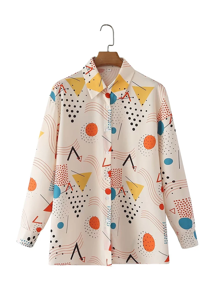 

New Fashion Office Lady Print Shirt Long Sleeve Lapel Collar Women Loose Blouse Casual Blusas