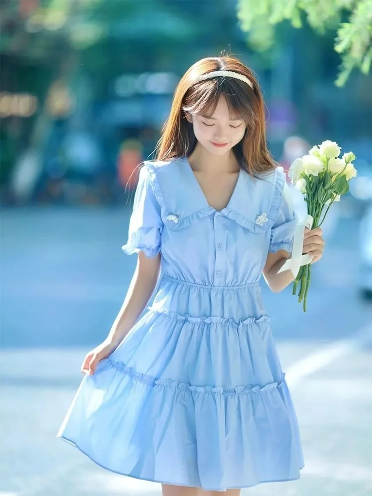 

QWEEK Sweet Kawaii Peter Pan Collar Dress Women Preppy Style School Puff Sleeve Wrap Short Dresses Student 2022 Summer Korean