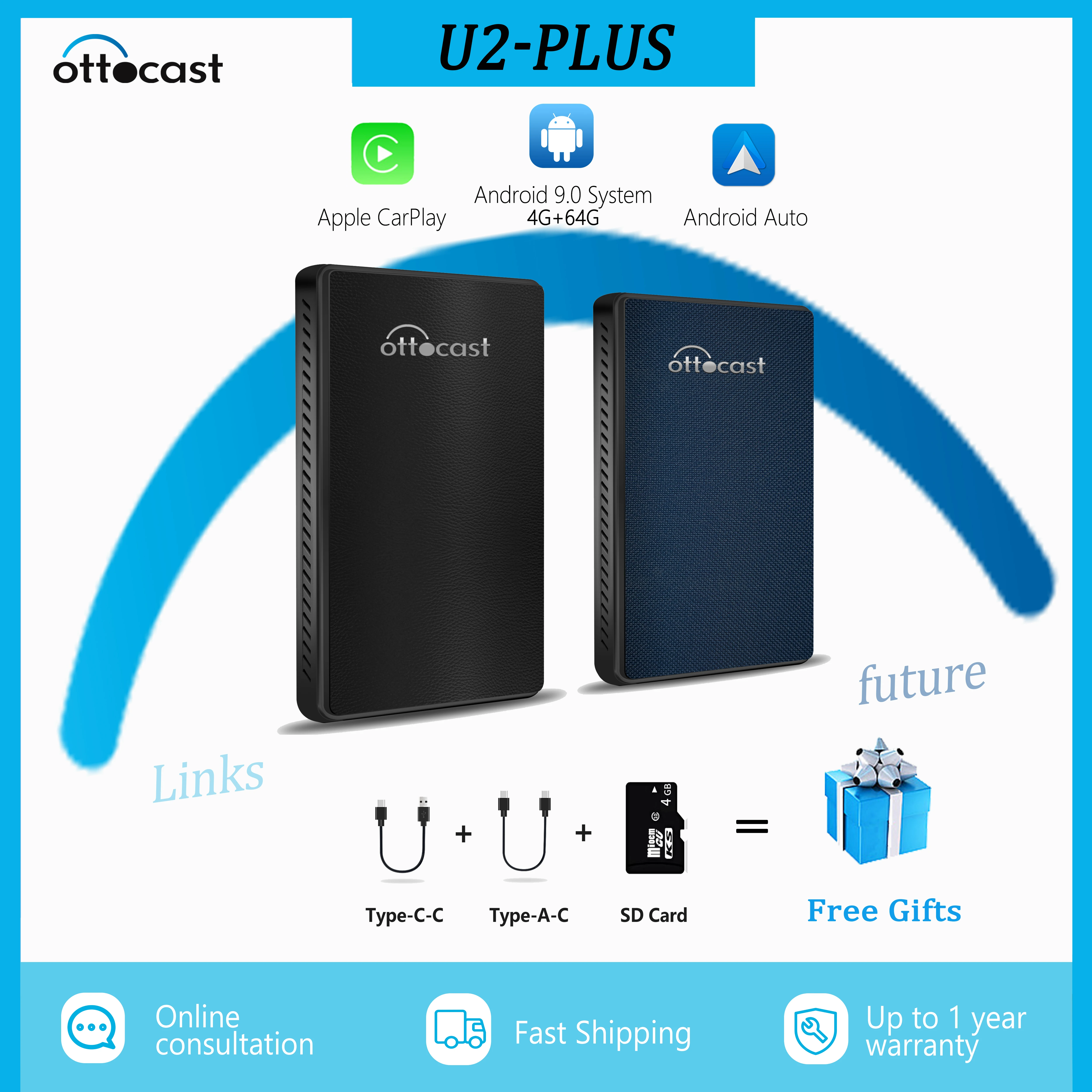 OTTOCAST U2 Plus Apple CarPlay Ai Box 64G Android 9 Intelligent System Multimedia Screen Wireless CarPlay Android Auto TV Box