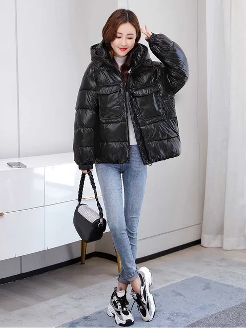 New Design Women Winter Coat Two Big Pockets Stand Collar Cool Female Outwar Parka Solid Shining Fabric Navy Blue Green Coat
