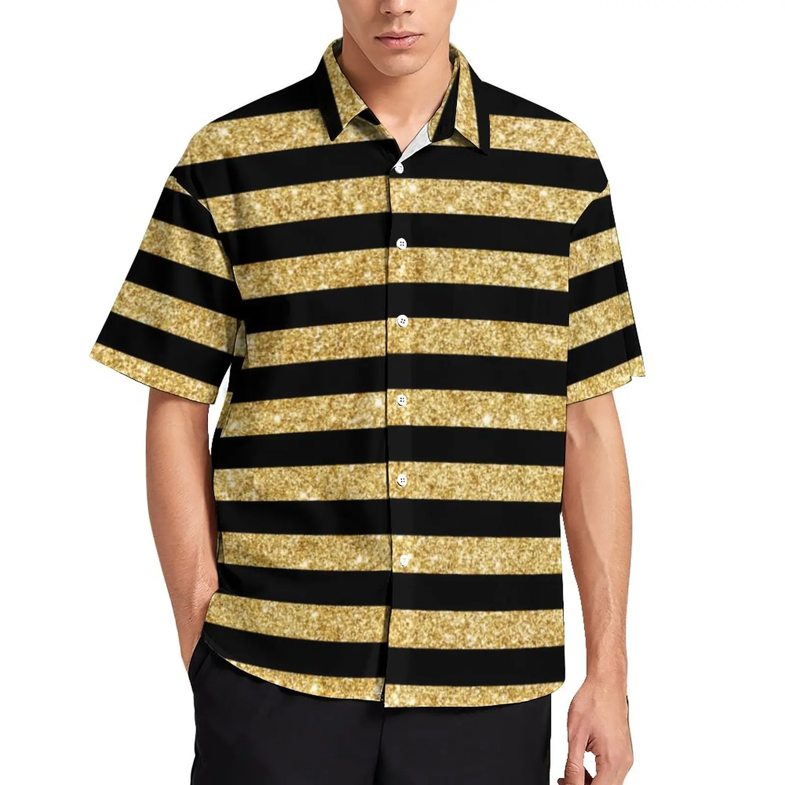 

Black Stripes Casual Shirts Elegant Gold Glitter Beach Shirt Hawaii Streetwear Blouses Mens Graphic Clothing Big Size 3XL 4XL