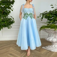janevini light blue beaded prom dresses 2022 spaghetti strap evening gown ankle length party gala dress for women abend kleider