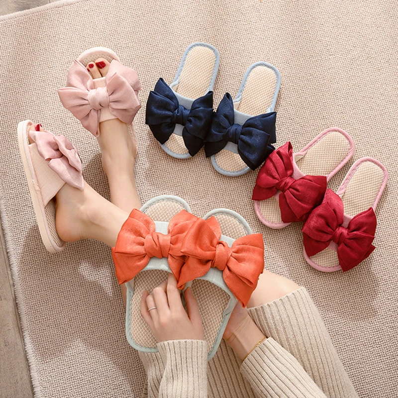 Elegant House Women Hemp Slippers Big Silk Bow Upper Bedroom Mute Non-slip Cotton Shoes Spring Summer Home Flax Ladies Slides