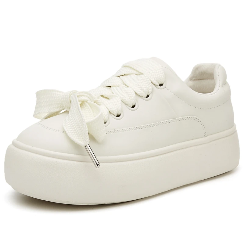 Autuspin 4.5cm Fashion Women Casual Sneakers Spring Summer Round Toe Cow Leather Vulcanized Shoes Females Outdoor Walking Shoes