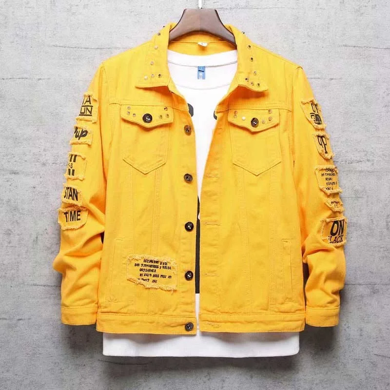 

Men's Jackets Men Ripped Slim Denim Jacket Coats Street Style Printed Jeans For Male Washed Size S-3XL