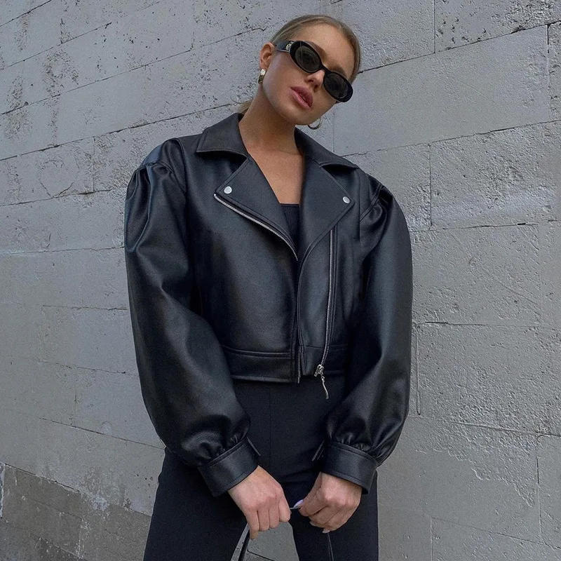 PU Leather Women's Short Jacket Fashion New Style Black Puff Sleeve Suit Collar Jacket Elegant Loose Casual Zipper Top Cool Coat