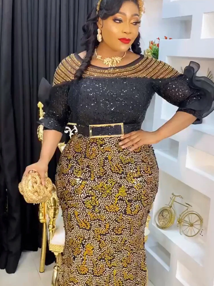 

Christmas Dress 2022 Spring Autumn African Women Three Quarter Sleeve O-neck Sequined Long Robes African Dresses for Women