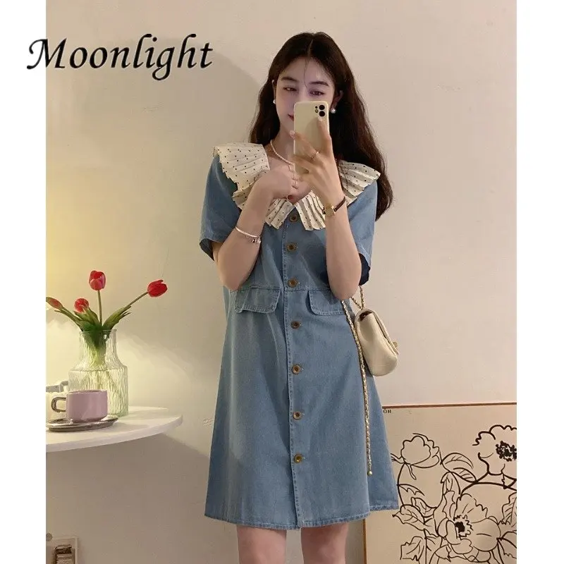 

Vintage Denim Dresses Women Fashion Patchwork Single Breasted Short Sleeves A-Line Dress Korean Preppy Peter Pan Callor Vestidos