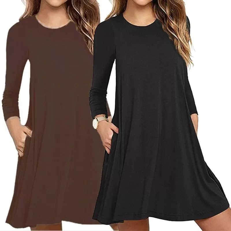 

Womens Autumn Long Sleeve Round Neck Plain T-Shirt Dress Solid Color Pleated Swing Casual Loose Pullover Streetwear with Pockets
