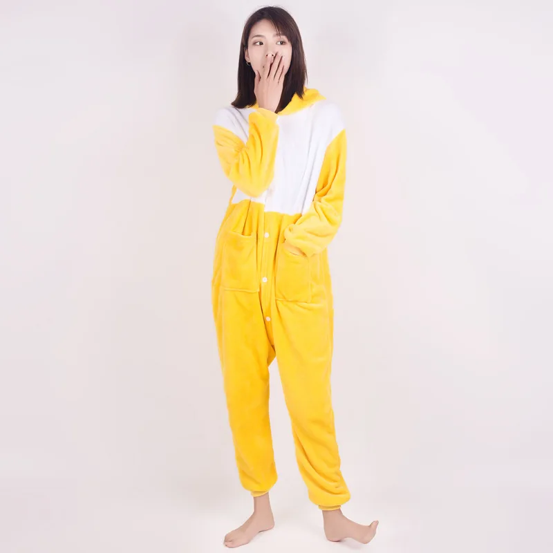 Lady's Winter Warm Thin Animal Cartoon One-Piece Pajamas Polyester Comfortable Cute Length To The Ankle Yellow Cosplay Clothes