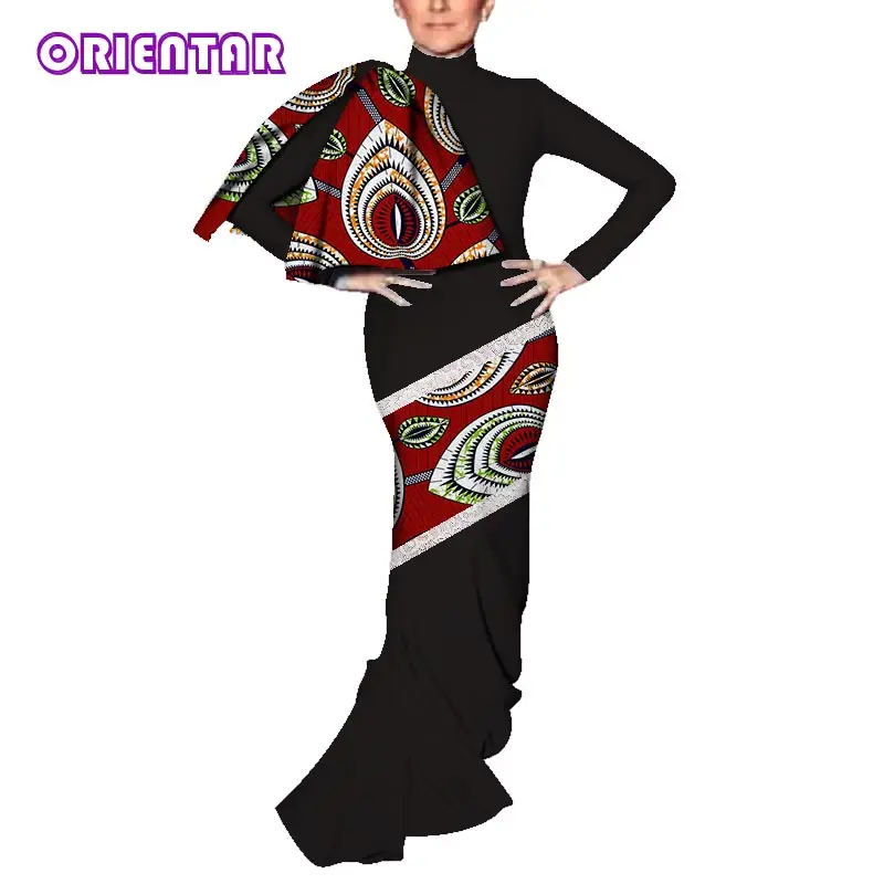 

African Print Patchwork Dress with Bowknot Women Lady African Dress Bazin Riche Long Sleeve Floor-Length Party Dress WY3867