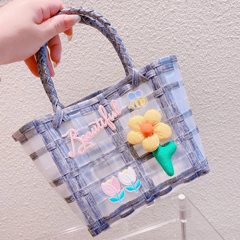 

Chic Women Plaid Beach Hand Bags Tulip Flower Straw Summer Shoulder Handbag Vegetable Basket Tote Bag