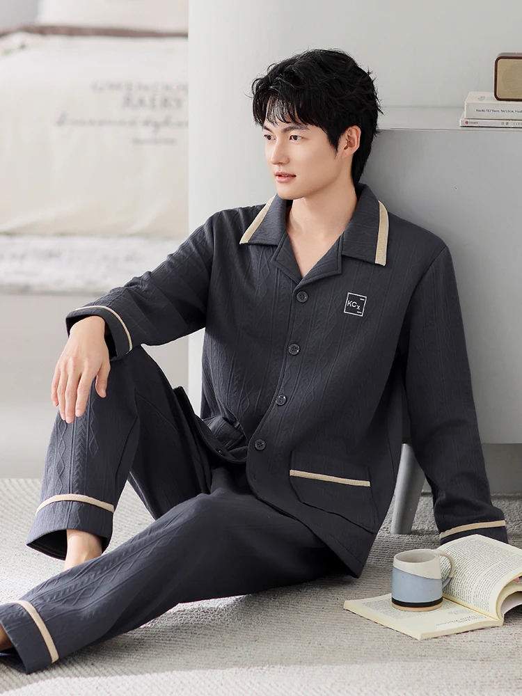 Пижамы из воздушного хлопка мужские весенне-осенние утепленные хлопковые пижамы