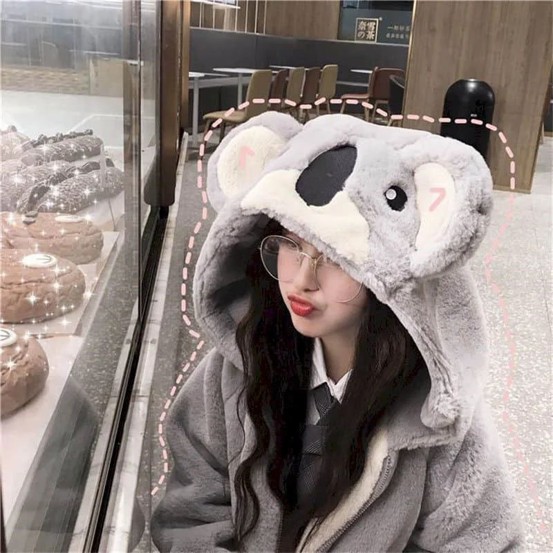 Plush Jacket Female New Style Japanese Soft Girl 2022 Winter Cute Koala Ear Hooded Jacket Student Thickened Furry Jacket Girl