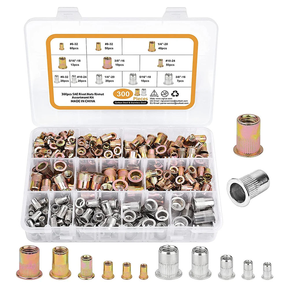 150/300pcs UNC Rivet Nuts Rivnut Assortment Kit,Flat Head Threaded Insert Nutserts Assort,Carbon and Stainless Steel material