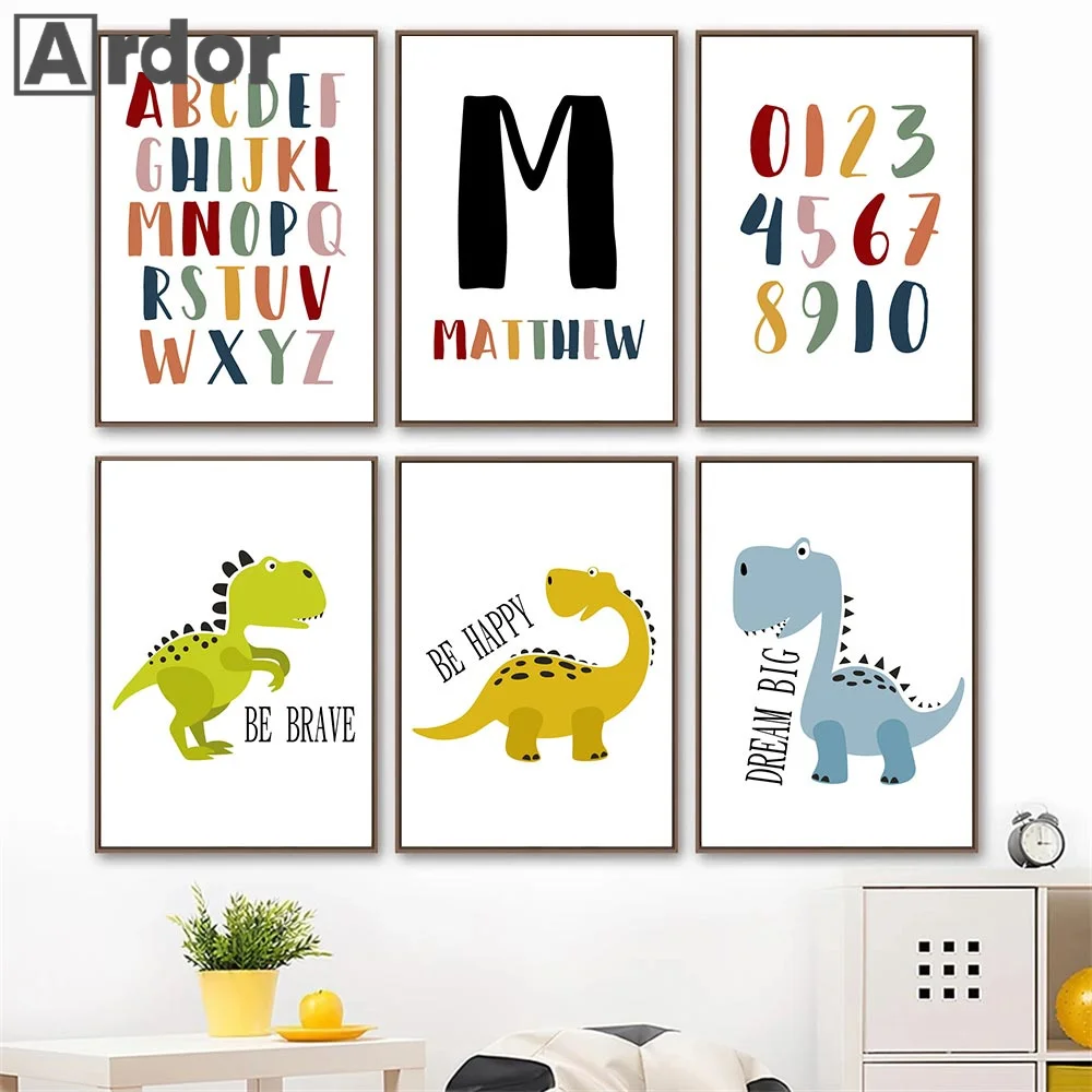 

Custom Name Poster Dinosaur Canvas Painting Number Alphabet Quotes Wall Art Posters Nursery Art Print Picture Kids Bedroom Decor