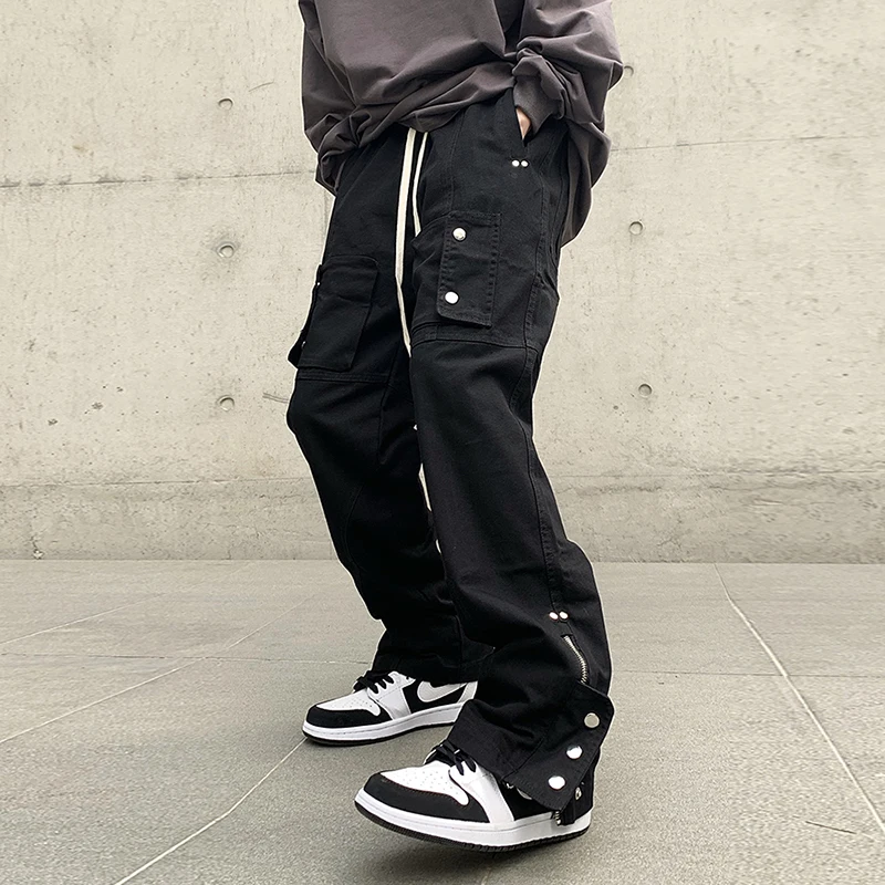 

Ankle Zipper Multi-pockets Vibe Overalls Mens Drawstring Solid Black Straight Loose Casual Cargo Pants Hip Hop Baggy Trousers