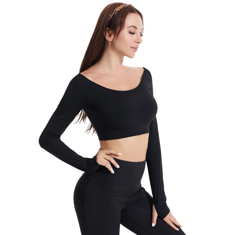 Women's Solid Color Open Back Long Sleeve Yoga Clothes Trendy Navel Cropped Track Tops Running Aerobics Fitness Sportswear New