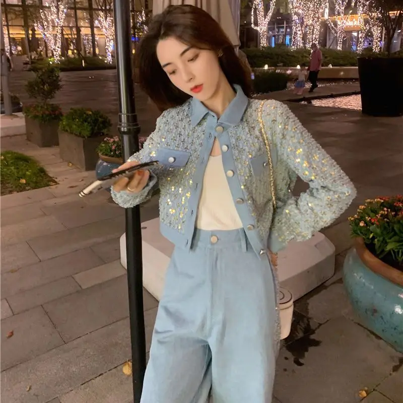 Корейский новый весенний костюм 2023 из двух предметов: джинсовая куртка с