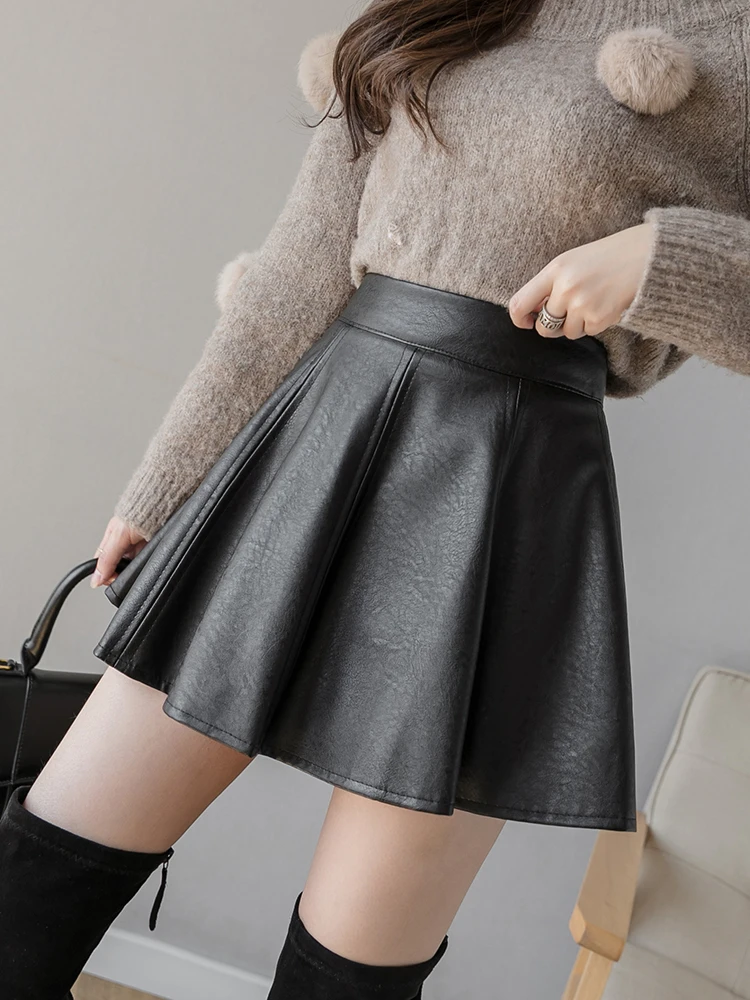 Винтажная уличная мини-черная юбка женская зимняя кожаная плиссированная