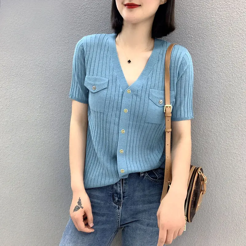 

Summer New Women Short-sleeve Tops Female V-neck Slim Vest T-shirt Ladies Knitted Base Casual Knit Top Shirt with Pocket A68