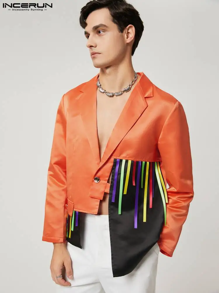

Fashion Casual Style Tops INCEUN Men's Irregular Stitching Blazer Colorful Striped Fringed Long-sleeved Suit Jackets S-5XL 2022