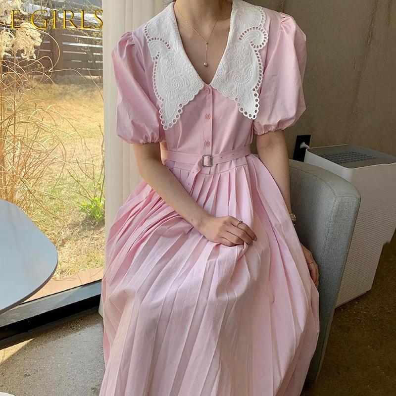 

E GIRLS Women Dress Summer Korean Fashion Soft Sweet Lace Hook Flower Lapel Lace Up Pleat Puff Sleeve Dresses with Belt