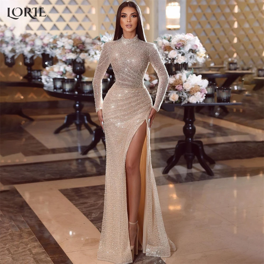 

LORIE Luxury Glitter Mermaid Evening Dresses High Neck Sexy Sparkly Side Slit Prom Dress Saudi Arabia Celebrity Party Gowns 2023