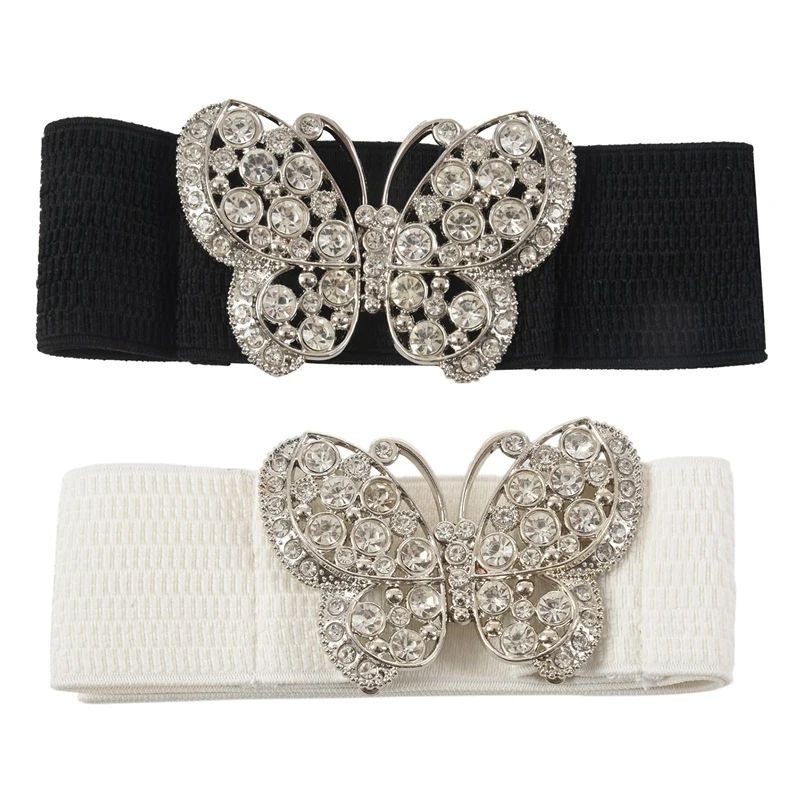 2 Pcs Women Rhinestones Accent Butterfly Hook Buckle Elastic Cinch Waist Belt, White & Black