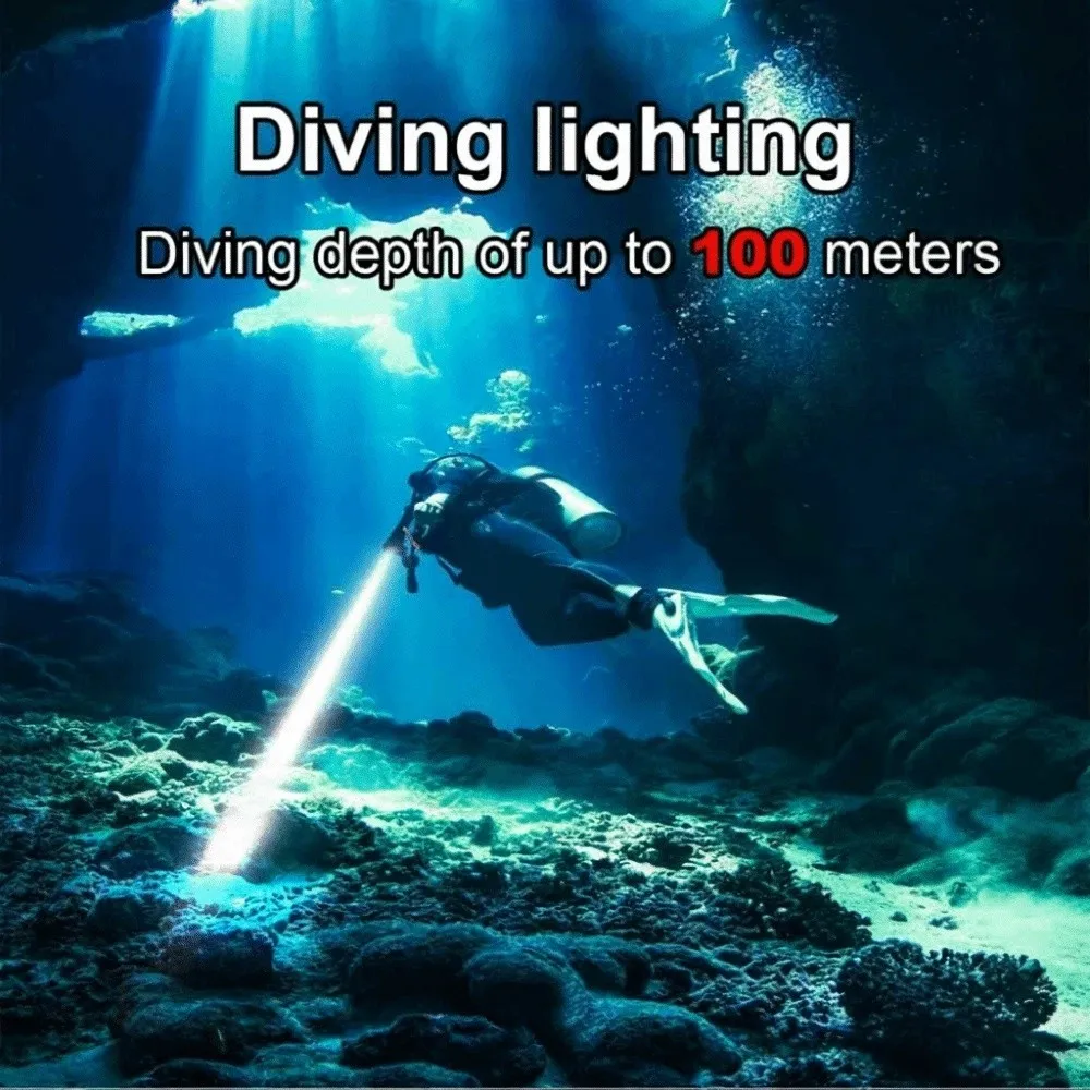 Фото Суперяркий фонарь для дайвинга XHP50 LED, водонепроницаемый IPX8, перезаряжаемый через Type-C, с регулируемой фокусировкой №4