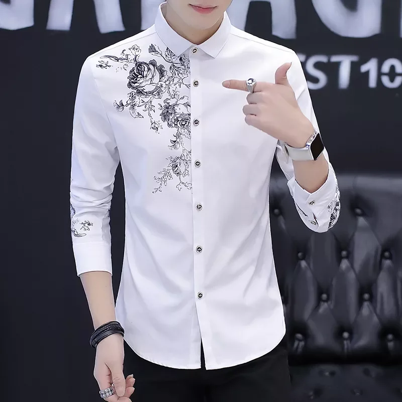 

Long Sleeve Shirts New Spring Autumn Fashion Casual Rose Pattern Print Shirts Men Business Social Banquet Slim Shirts 3XL