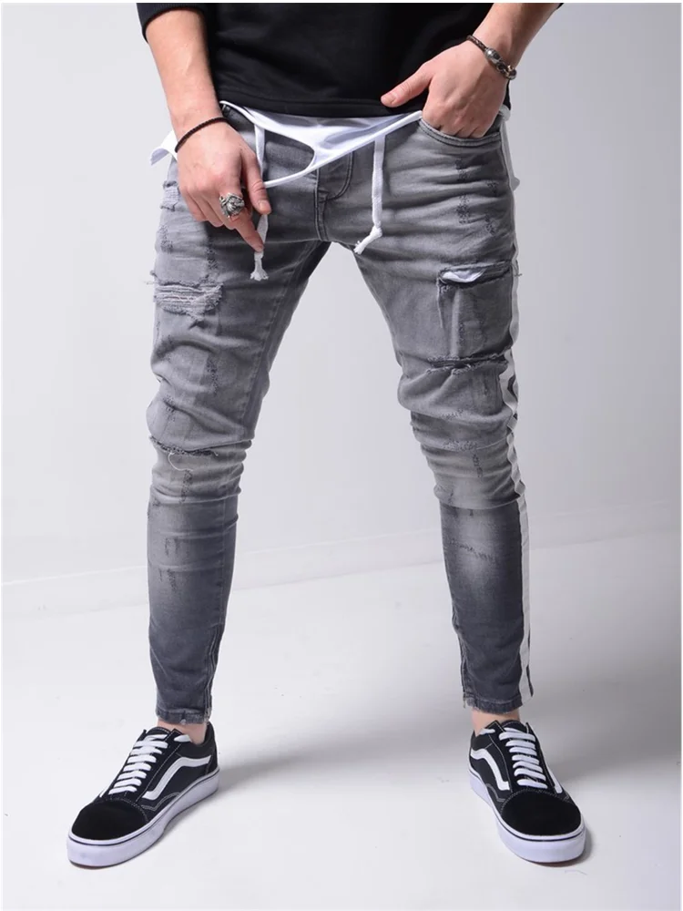 Fashion Men's Skinny Stretch Ripped Male Jeans Slim Fit Denim Trousers 2021 New Streetwear Gradient White Black Casual Jeans Men