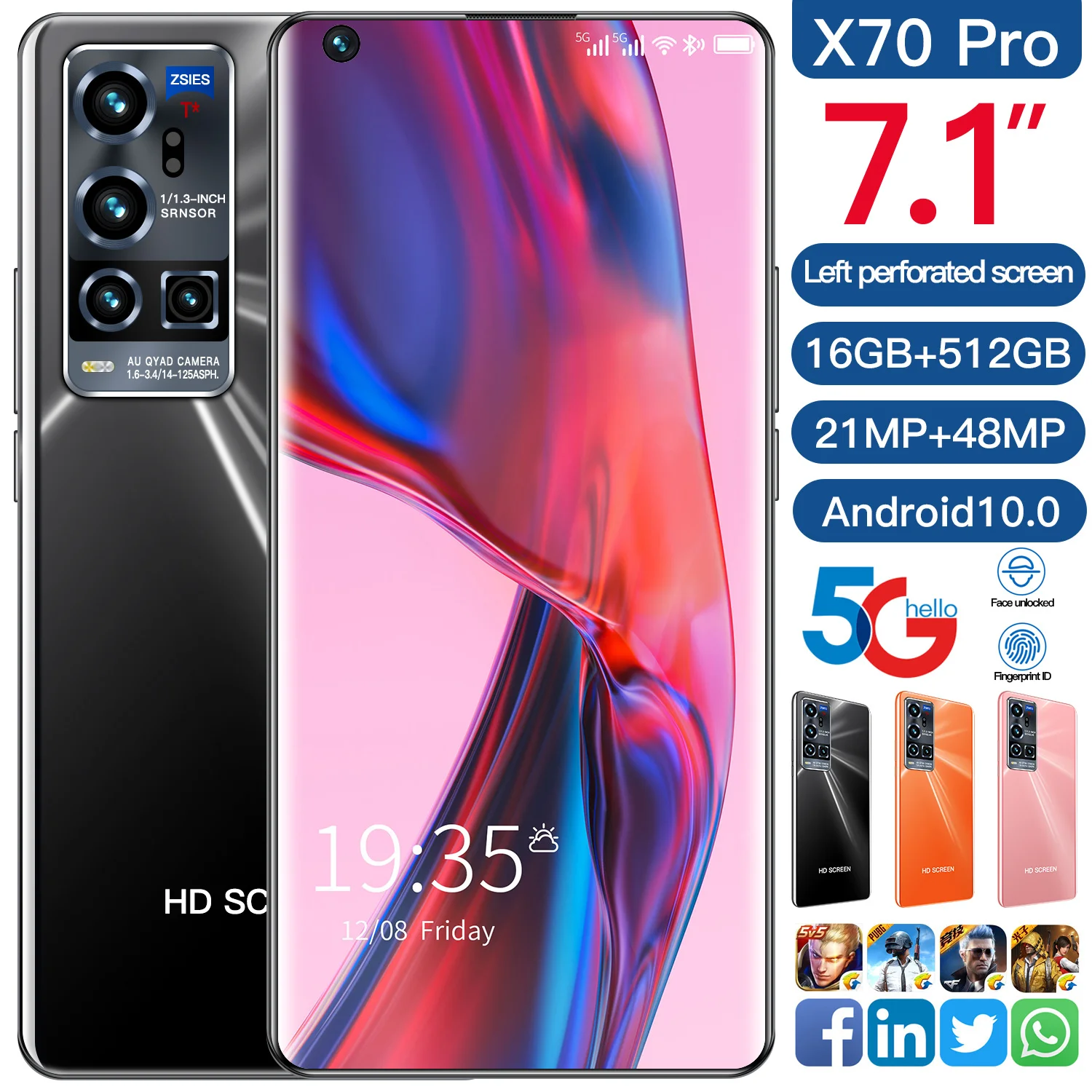 

2022 New Smartphone X70 Pro 7.1 inch 16GB 512GB Cell phone 5G Dual SIM Unlocked Smartphone Android 10.0MTK 6799 Deca Core Phones