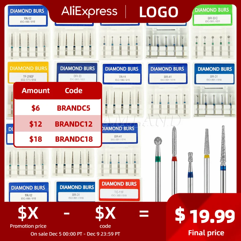 

100pcs Multi Species Dental Diamond FG 1.6mm Burs Tips for High/Fast speed handpiece 20pack