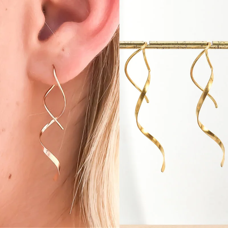 

2023 New Simple Spiral Curved Long Drop Earrings for Women Wave Design Fashion Female Stud Jewelry Party Wedding Cute Earring